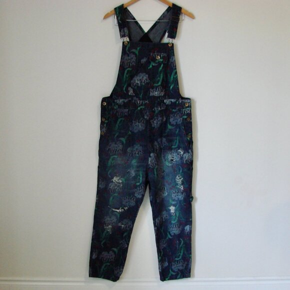 Denim Jean Overalls Japanese Floral Artsy Distressed Carpenter Loose Fit Large - Picture 4 of 16